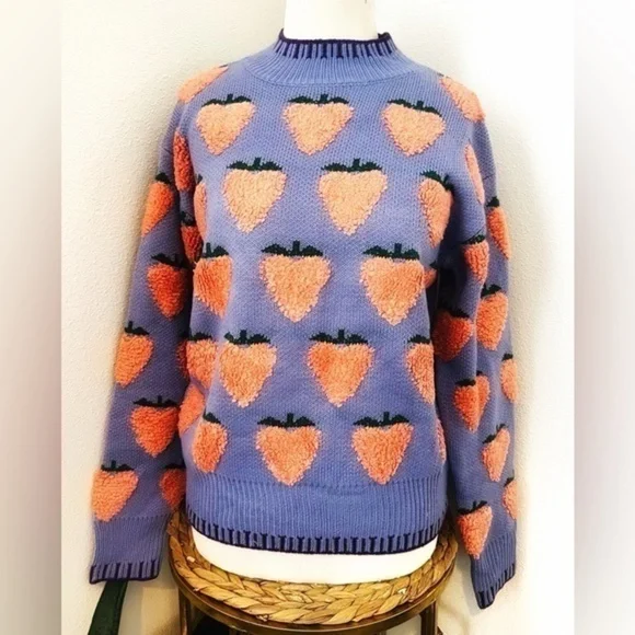 NWOT Strawberry Pattern Sweater lavender peach pink purple - Picture 1 of 5